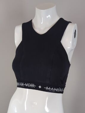 Maniere De Voir Black Cropped Sports Bra Tank with Logo Hem